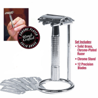 1 Holder 12 Blades Double Edge Razor Manual Shaver Chrome Stand