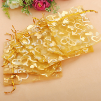 100Pcs Golden Luxury Heart Organza Jewelry Pouch Favor Gift Bag