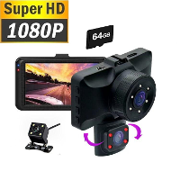 1080P 3 kanaals auto dashcam met een 3 inch IPS scherm, drie lenzen voor HD opnames van de voor , interieur  en achterzi