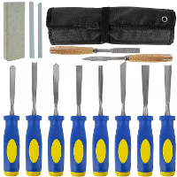 13 Delig houtbeitelset met carbonstalen bladen en rubberen handvatten, inclusief rasp, slijpstenen en canvas tas voor ho