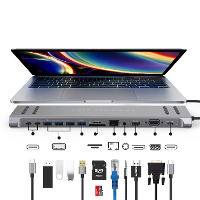 13 In 1 USB C Dockingstation Netwerkhub met VGA PD 3.0 USB C RJ45 10/100Mbps Laptopstandaard voor MacBook iPad Surface p