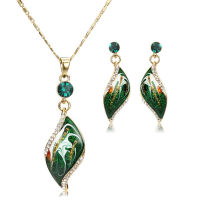 14K Gold Plated Green Oil Painting Austrian Crystal Drop Jewelry Set