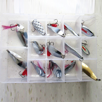 14Pc Fishing Spoon Treble Feather Hook Spinner Bait With Box
