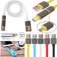 2 In1 Usb 2.0 To Usb 3.1 Type C + Micro Usb Charger Data Flat Noodle Cable Cord