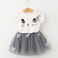 2Pcs Kid Girls Cute Cat Pattern Short Sleeve T Shirt Butterfly Tutu Skirt