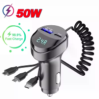 3 In 1 Auto Multi function 2 Poorten 55W USB Auto Oplader Snelladen USB Inklapbare Oplaadkabel met Spanningweergave