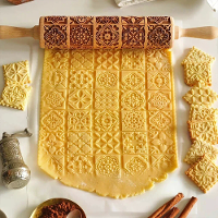 35X4,5cm Houten Gegraveerde Deegroller Kerst Baking Koekjesroller Houten voor Pasta Koekjesdeeg Gebak Bakkerij Items Piz
