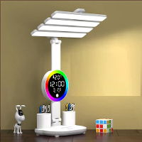 4 Head Tafellamp met RGB Ambient Light & Klok Tijd Datum Weergave Pennenhouder Bureau Lamp Leeslamp