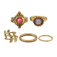 5 Pcs Punk Leaf Ring Set Retro Golden Zinc Alloy Red And Purple Stone Knuckle Ring Jewelry For Women