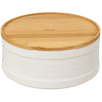 5Five koektrommel/voorraadblik Biscuits   keramiek   met bamboe deksel   wit/beige   23 x 10 cm