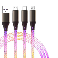 6A 66W USB A naar Type C/iP/Micro USB RGB gradiënt Kabel Snelladen Gegevensoverdracht Koper Kernlijn 1,2M Lang voor iPho