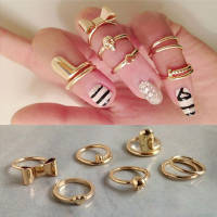 7Pcs Gold Alloy Heart Bowknot Skull Joint Ring Nail Ring Jewelry