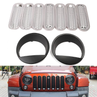 7Pcs Mesh Grill Inserts Cover & 2pcs Headlight Bezels Trim For 2007 2016 Jeep Wrangler Jk
