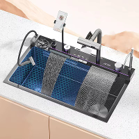 80X46cm Keuken Dubbele Waterval Wastafel Geïntegreerde Koud Warm Water Kraan Digitale Display 304 RVS Krasbestendig Hard