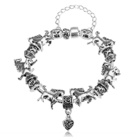 925 Silver Plated Chain Antique Animal Horse Bracelet Heart Pendant