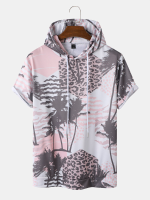 Heren palmboom luipaard casual T shirts met trekkoord en korte mouwen