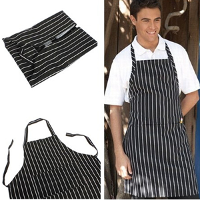 Adult Adjustable Black White Stripe Kitchen Apron Chef Uniforms with 2 Pockets