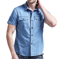 Afsjeep Loose Fit Denim Double Pockets Short Sleeve Shirts Summer Solid Color Turn Down Collar