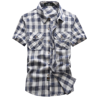 Afsjeep Mens Plaid Printing Summer Thin Turn Down Collar Double Pockets Loose Shirts