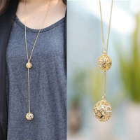 Alloy Golden Hollow Double Balls Pendant Sweater Chain Necklace