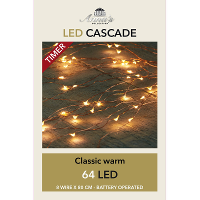 Cascade draadverlichting   koperdraad   64 Led's   warm wit   op batterij