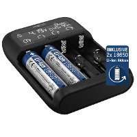 Ansmann Lithium 4 Universalladegerät mit 2x 18650 Akkuzellen (2600mAh) Oplader Li ion, LiFePO4, NiMH 18500, 18650, 14500, 16340, 17670, 22650, 26650