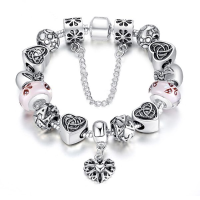 Antique Silver Heart Letter Crystal Glass Beads Charm Bracelet