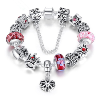 Antique Silver Plated Chain Queen Crown Crystal Glass Beads Bracelet