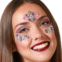 Carnaval verkleden gezicht juwelen/steentjes   stickers   paars   glitter diamantjes   strass steen