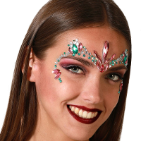 Carnaval verkleden gezicht juwelen/steentjes   stickers   roze/groen   glitter diamantjes   strass