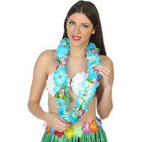 Hawaii krans/slinger   Tropische kleuren blauw   Grote bloemen hals slingers   verkleed accessoires