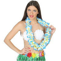 Hawaii krans/slinger   Tropische kleuren mix blauw/wit   Bloemen hals slingers   verkleed accessoire