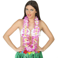 Hawaii krans/slinger   Tropische kleuren mix paars/wit   Bloemen hals slingers   verkleed accessoire