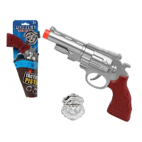 Politie speelgoed pistool   27 cm   speelgoed verkleed pistool   zilver   met badge   kunststof