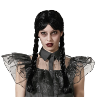 Verkleedpruik Dames Wednesday   Zwart   Met lange vlechtjes   lang haar   Halloween   Horror thema