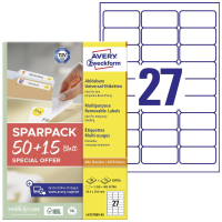 Avery Zweckform L4737REV 65 Universele etiketten 63.5 X 29.6 Mm Papier Wit 65 vellen Weer verwijderbaar Inkjet, Laser (zwart/wit), Laser (kleur), Kopiëren