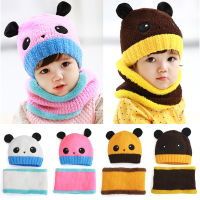 Baby Toddler Girls Boys Winter Panda Beanie Hat Hooded Scarf Knitted Wool Cap