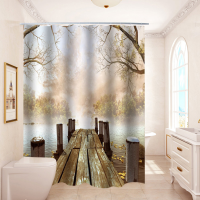180X180 CM Houten Brug Afdrukken Badkamer Douchegordijn Wc Cover Mat Antislip Tapijt Set