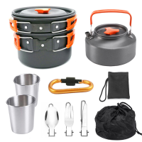 2 3 Persoons camping kookgerei set draagbare outdoor servies kit kampvuur waterkoker pot opvouwbare vork lepel mes set v