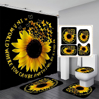 4PCS Zonnebloemprint Waterdichte Douche Gordijn Set Anti slip Stofdichte Bad Toilet Stoelhoes Vloermat Set