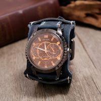 5 Kleuren heren lederen band legering vintage casual brede band quartz horloge