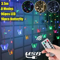 96 LED vlindergordijnverlichting 8 modi Fairy Lights String met afstandsbediening IP44 Waterdichte USB Plug in Twinkle L