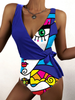 Abstract Figuur Graffitiprint Geknoopt Mouwloos Hoog getailleerd One Stuk strandzwemkleding
