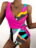 Abstract Print Wrap Tie Side Brede Bandjes One Slankmakend Strandbadpak voor Dames