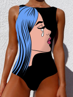 Abstracte figuurprint mouwen rugloze zomer strand badmode voor dames uit één stuk