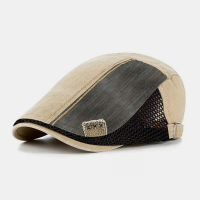 Collrown Heren Mesh Baret Cap Patchwork Contrast Kleur Doek Label Ademend Casual Platte Hoed