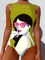 Dames Cool Girl Figuurpatroon Mouwloos Hoge hals One Stuk Hawaii badmode