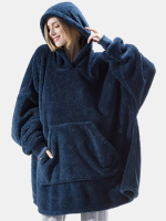 Dames Oversized Thicken Warm Effen Kleur Deken Hoodie Pluche Nachtkleding Gewaad Met Zak