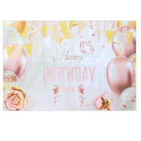 Gelukkige verjaardag versieringen banner grote roze gouden ballonnen achtergrond thema poster