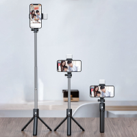 H1S 3 IN 1 Uitschuifbare bluetooth Statief Selfiestick Met 2 Staps Traploze Dimlicht LED Vullicht voor Mobiele Telefoon